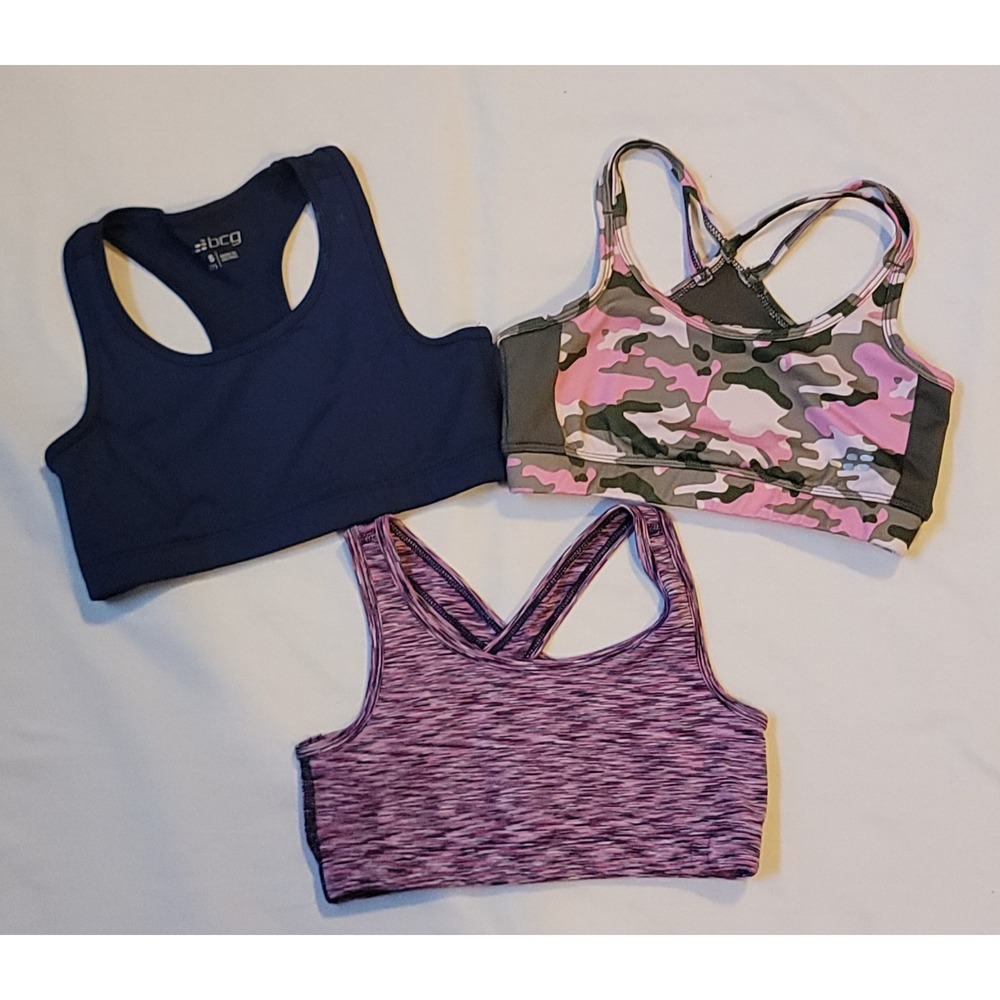 BCG Girls Lot 3 Sports Bras Small Size 7 Racerback Pullover Blue/Camo/Pink Multi